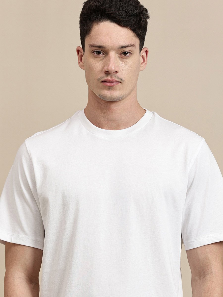 Men White Crew Neck 100% Cotton Comfort Fit T-Shirt