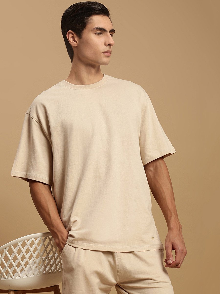 Men Beige Crew Neck 100% Cotton Oversized T-Shirt