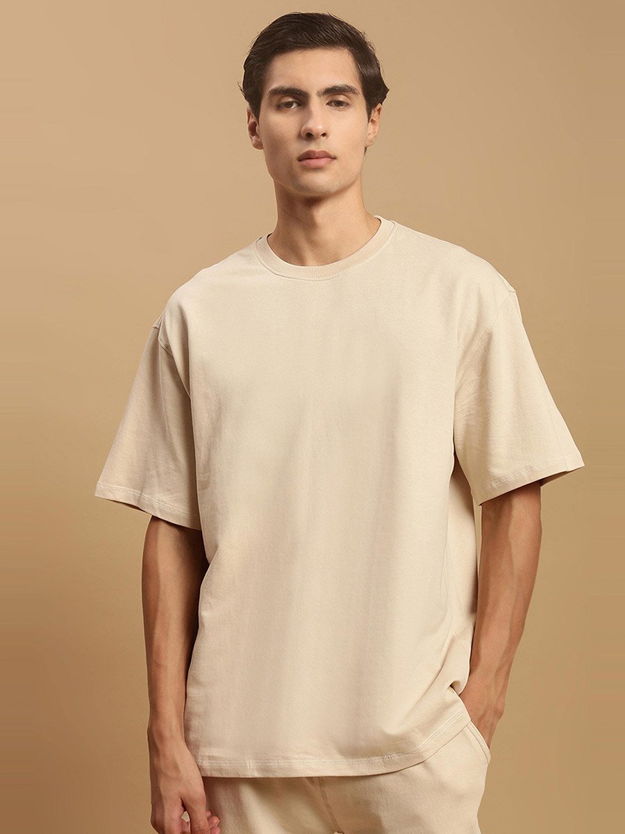Men Beige Crew Neck 100% Cotton Oversized T-Shirt