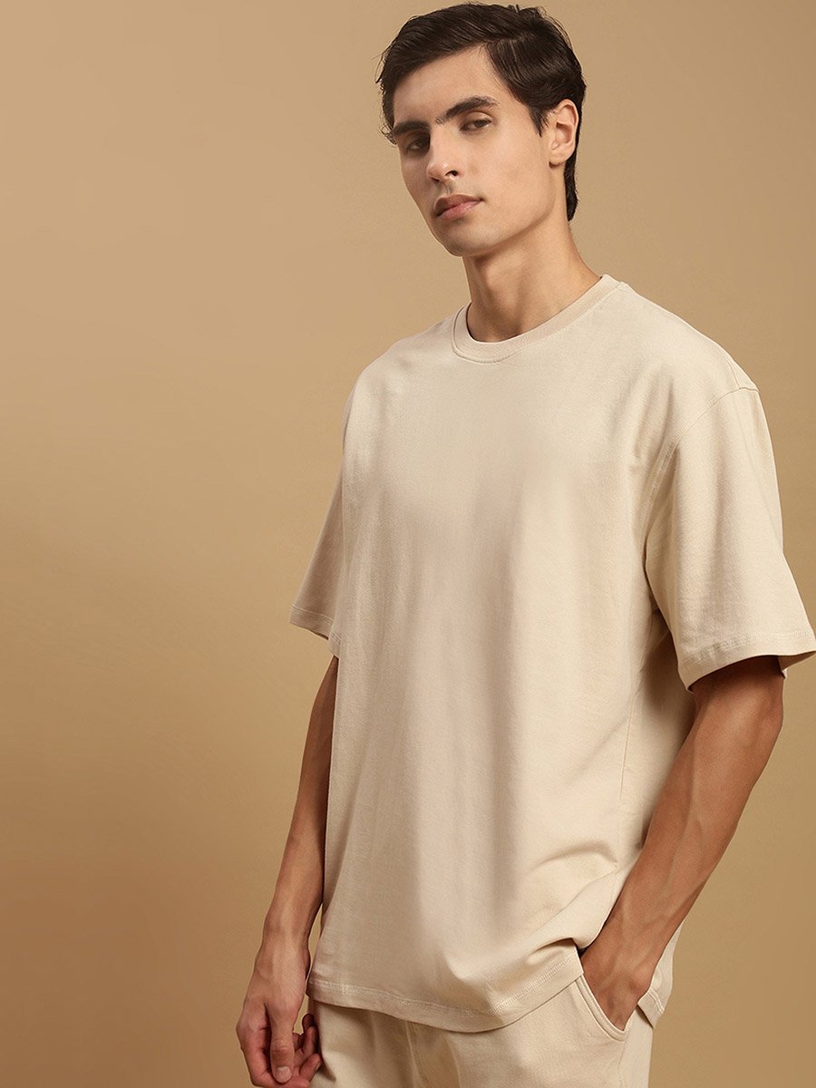Men Beige Crew Neck 100% Cotton Oversized T-Shirt