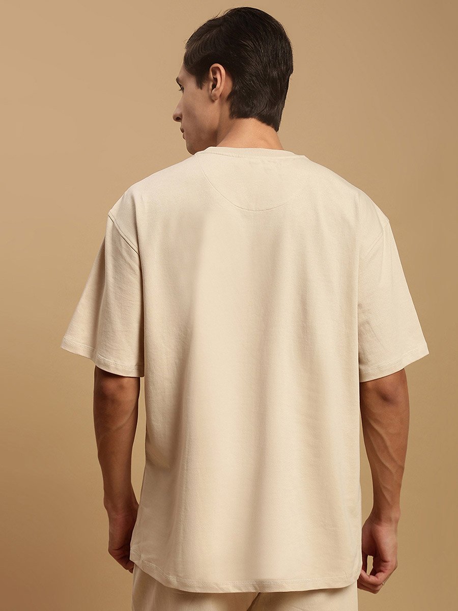 Men Beige Crew Neck 100% Cotton Oversized T-Shirt