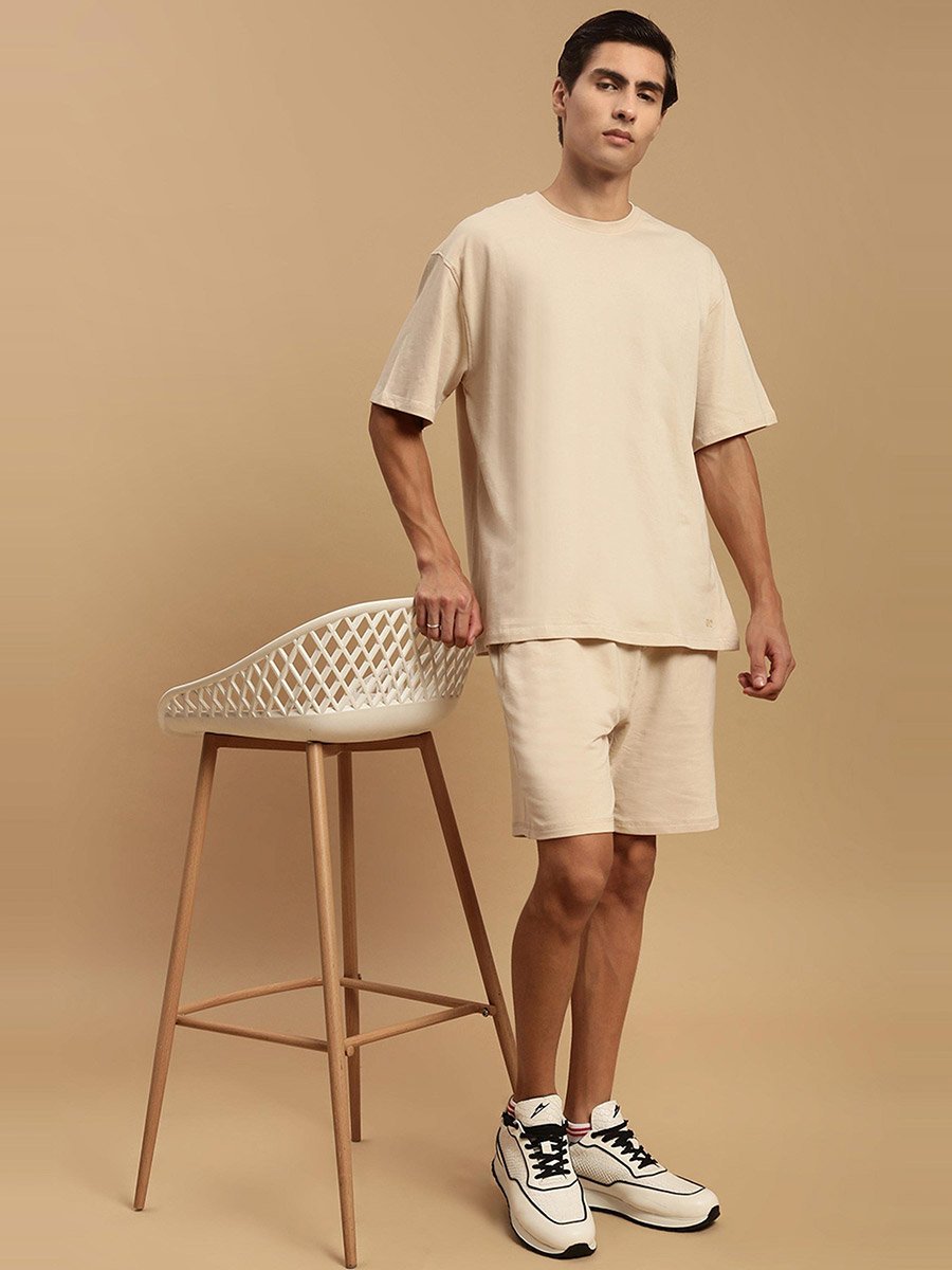 Men Beige Crew Neck 100% Cotton Oversized T-Shirt