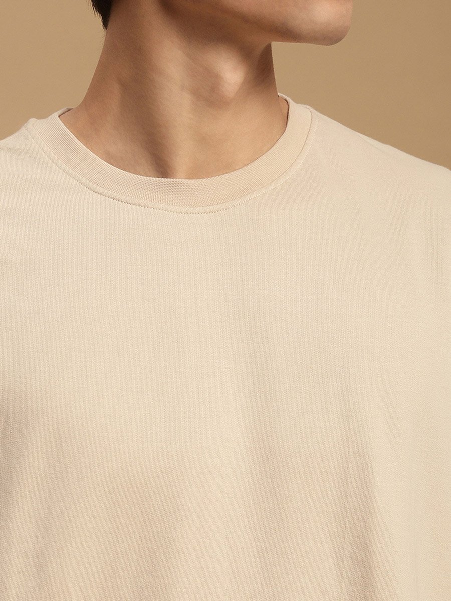 Men Beige Crew Neck 100% Cotton Oversized T-Shirt