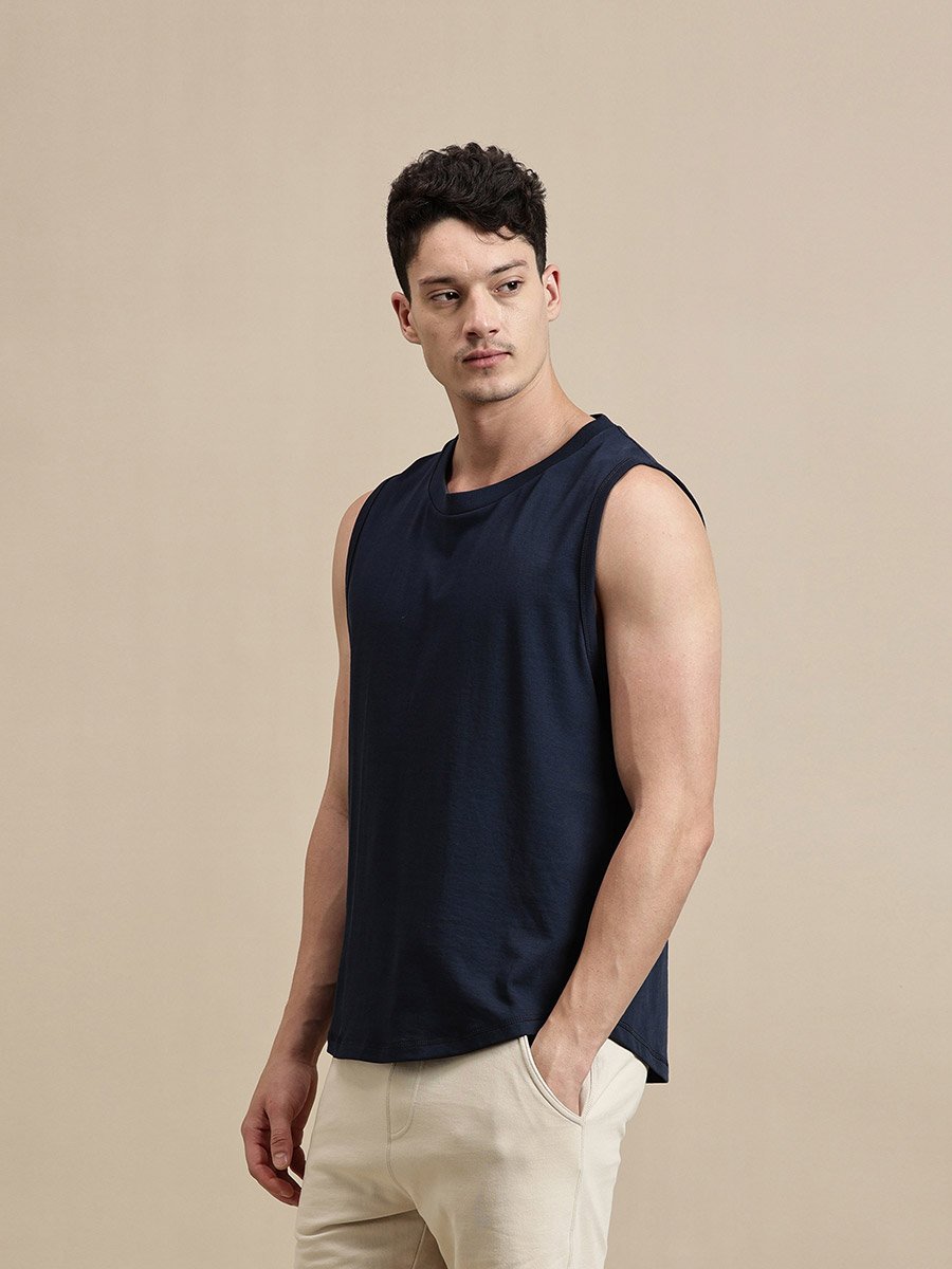 Men Navy Blue Solid 100% Cotton Comfort Fit Tank