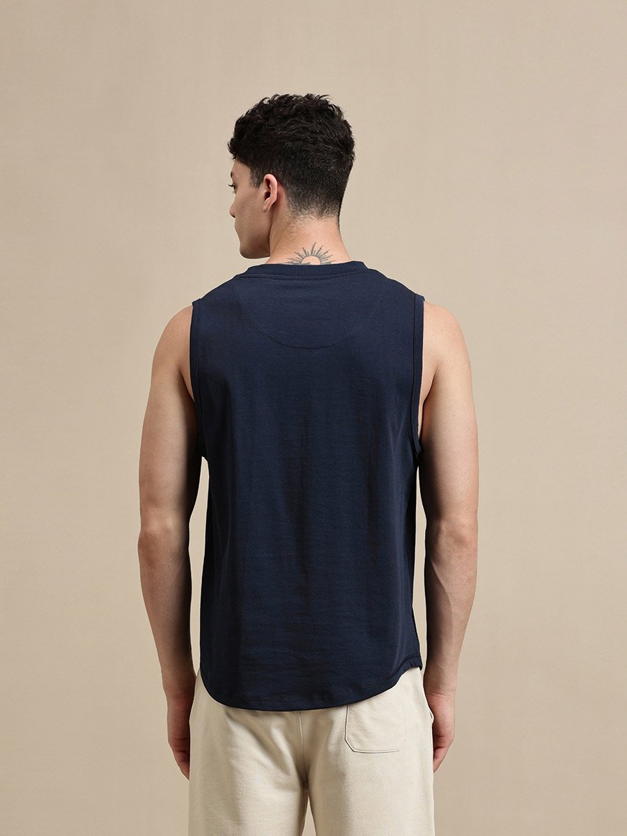 Men Navy Blue Solid 100% Cotton Comfort Fit Tank