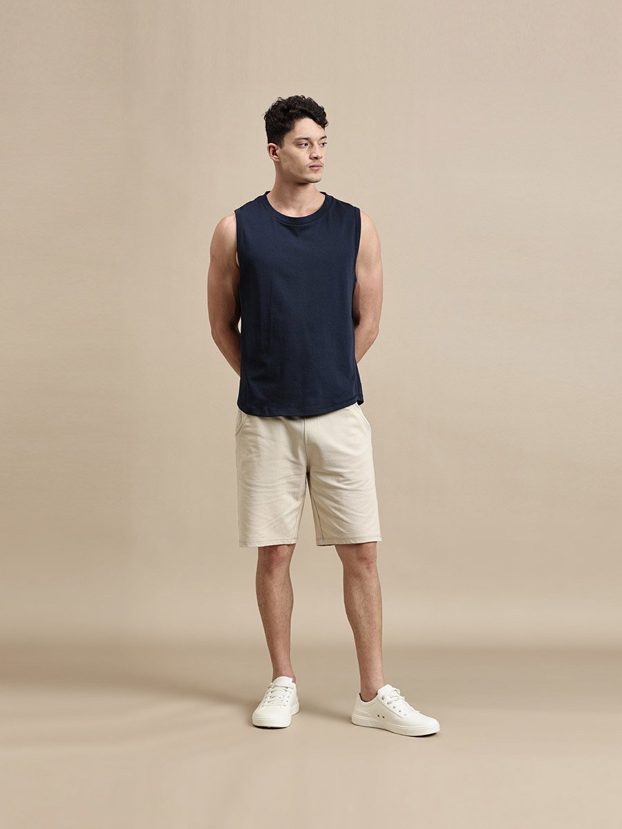 Men Navy Blue Solid 100% Cotton Comfort Fit Tank