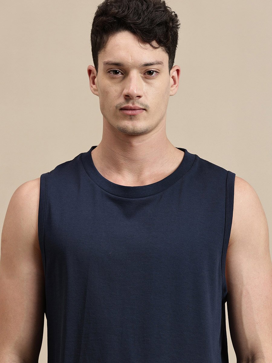 Men Navy Blue Solid 100% Cotton Comfort Fit Tank