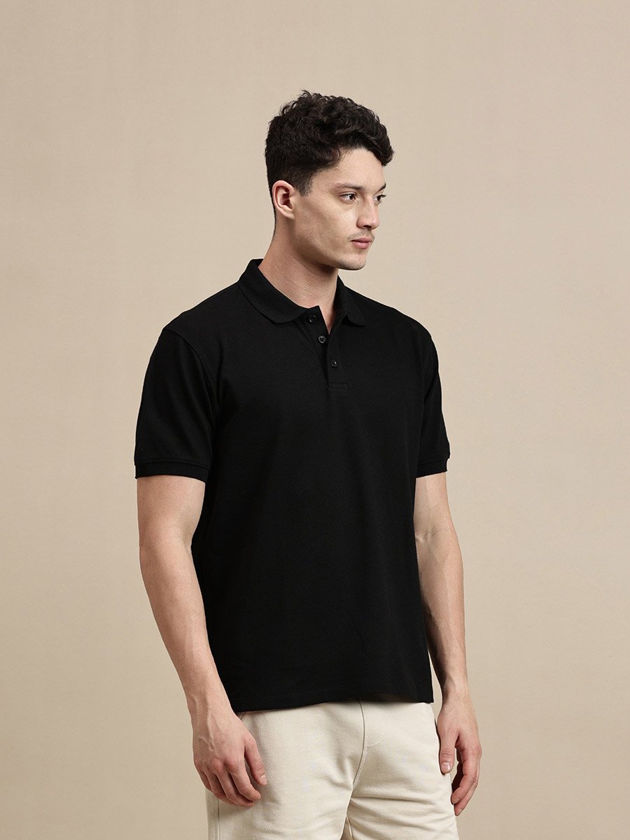 Men Black Solid Regular Fit Polo T-Shirt