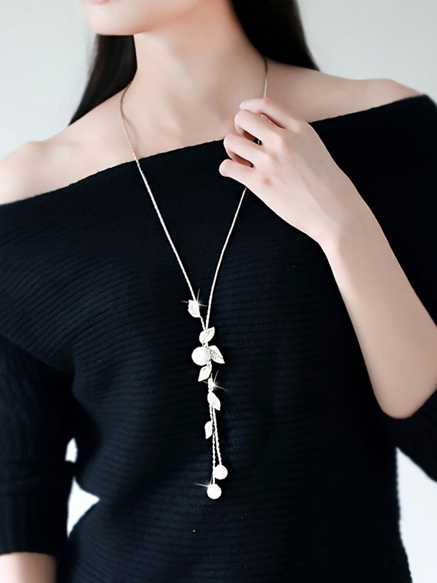 Embellished Leaf Shaped Pendant Long Necklace