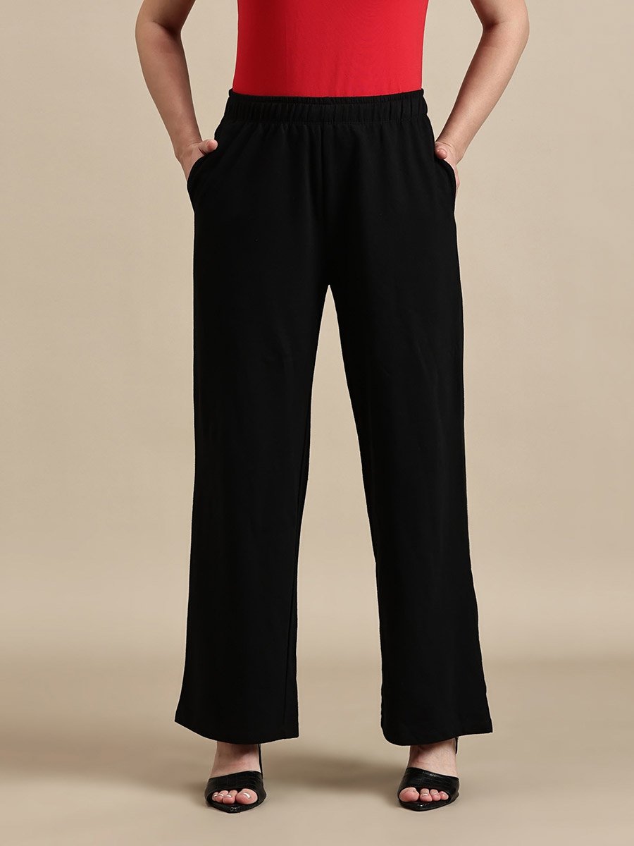 Black Solid Cotton Straight Fit Pants