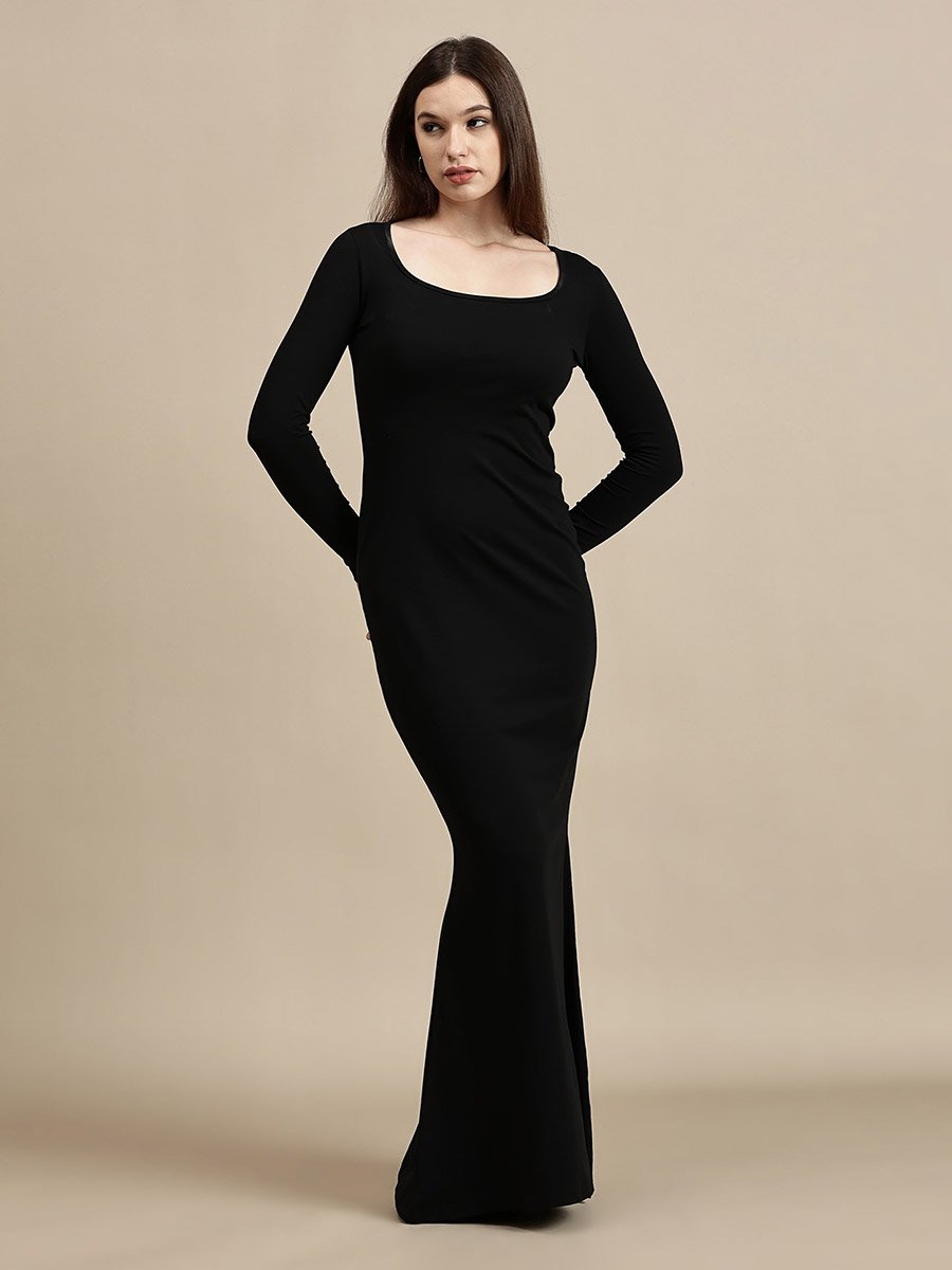 Black Solid Square Neck A-Line Maxi Dress