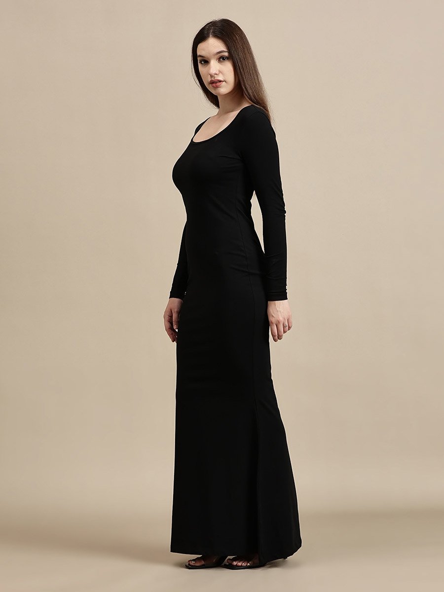 Black Solid Square Neck A-Line Maxi Dress