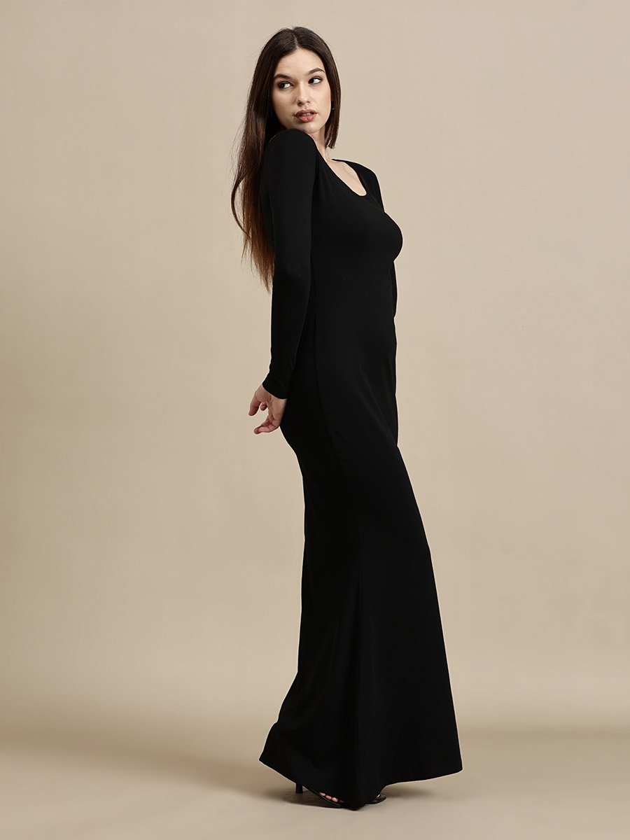 Black Solid Square Neck A-Line Maxi Dress