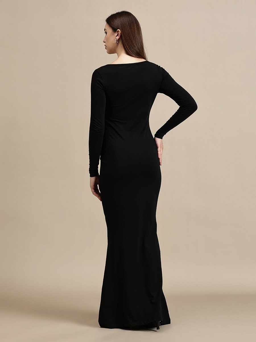 Black Solid Square Neck A-Line Maxi Dress