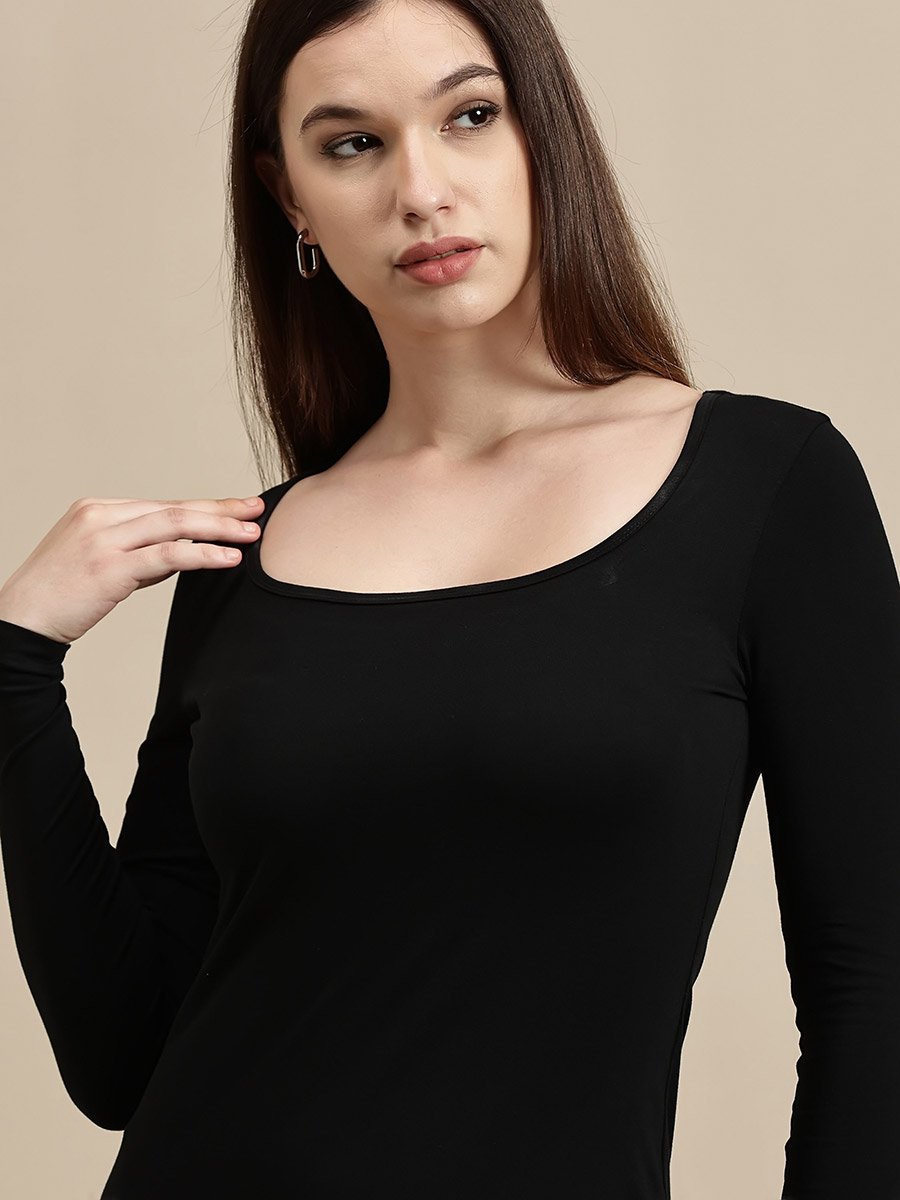 Black Solid Square Neck A-Line Maxi Dress