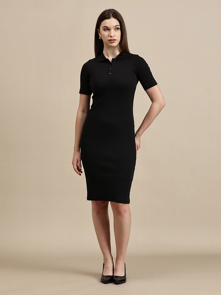 Black Plain Short Sleeve Polo T-Shirt Dress