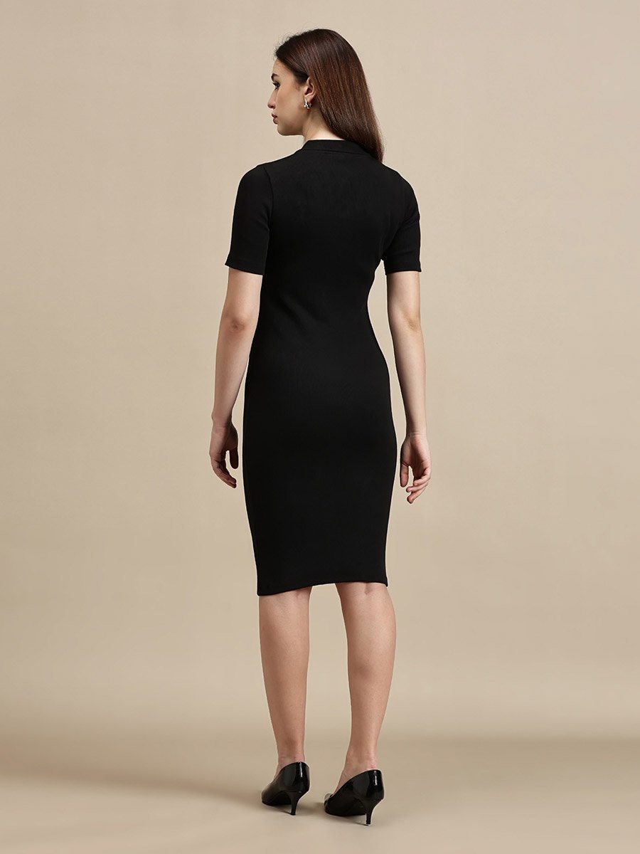 Black Plain Short Sleeve Polo T-Shirt Dress