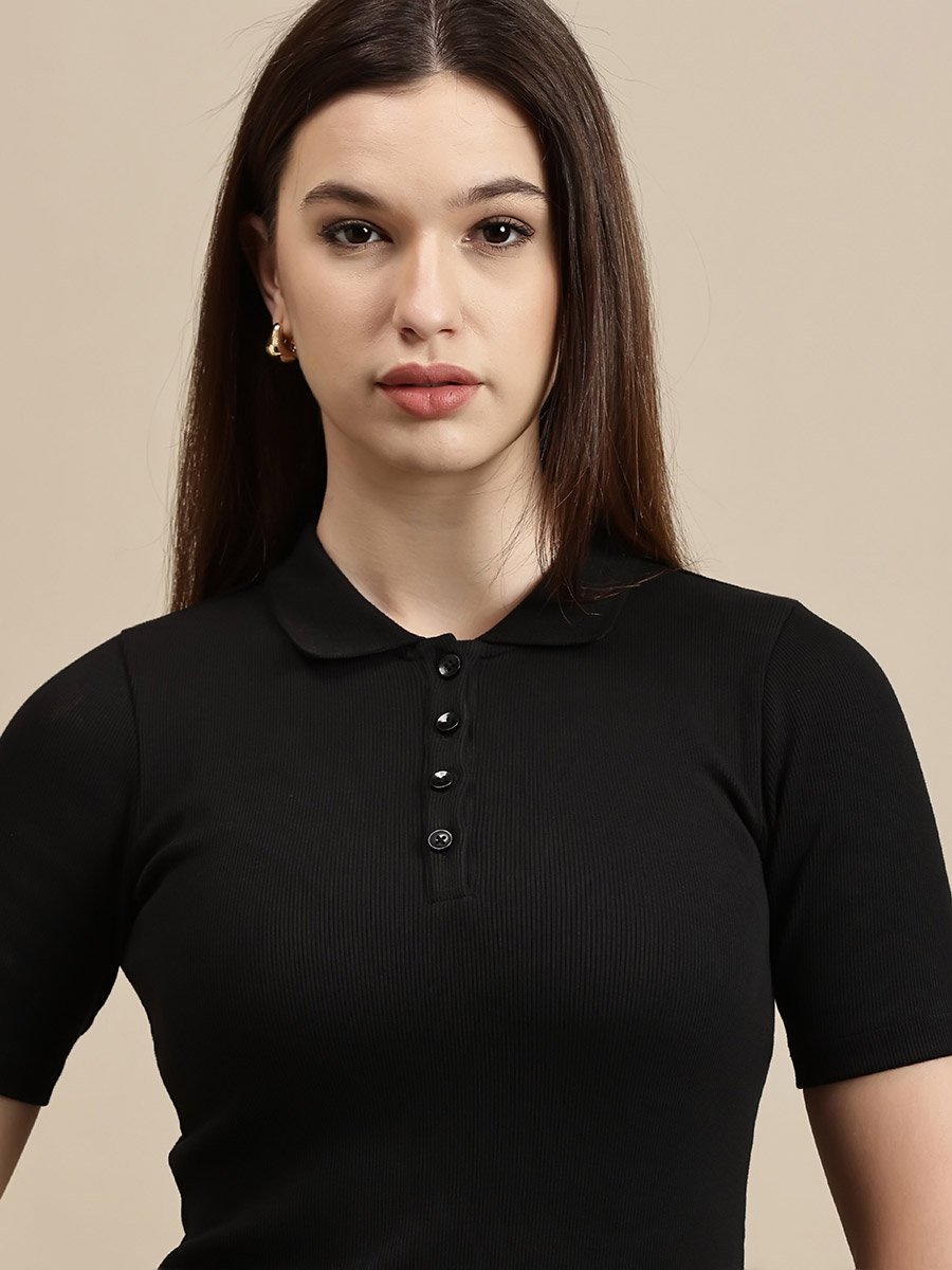 Black Plain Short Sleeve Polo T-Shirt Dress