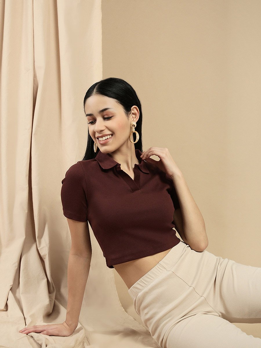 Brown Solid Polo Neck Short Sleeves Crop Top
