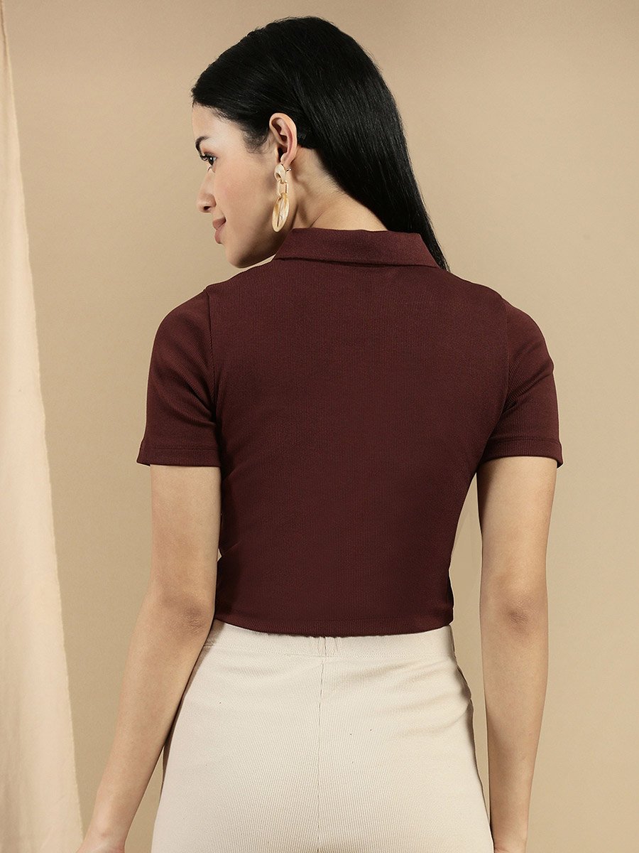 Brown Solid Polo Neck Short Sleeves Crop Top