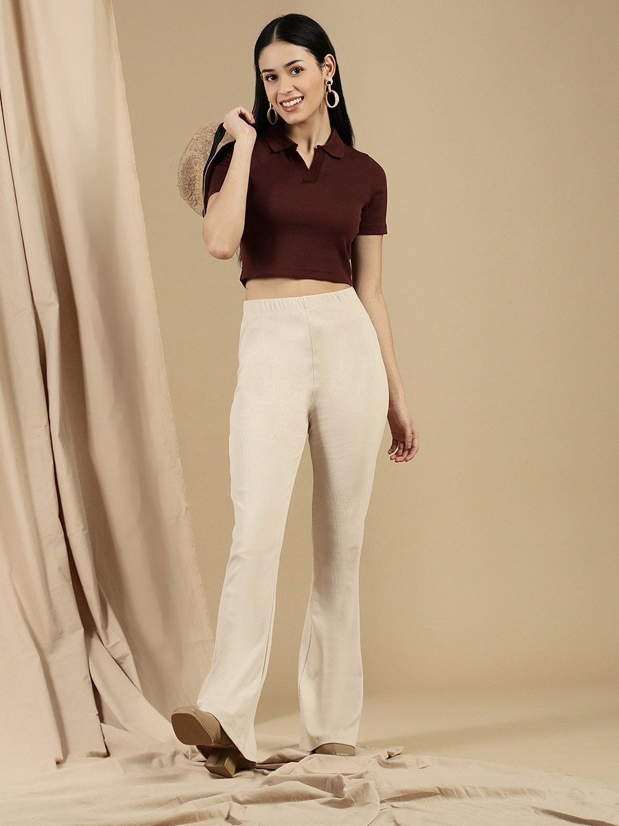 Brown Solid Polo Neck Short Sleeves Crop Top