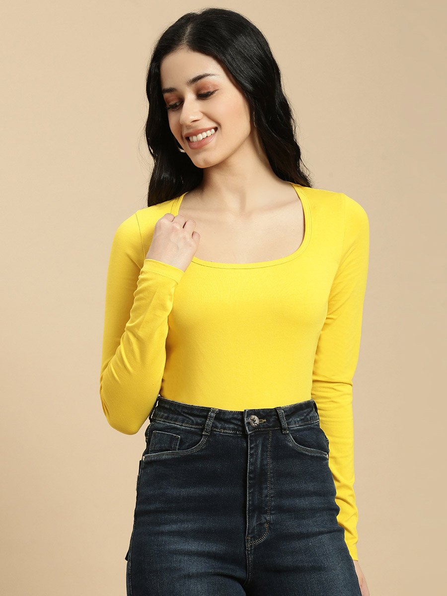 Mustard Solid Square Neck Long Sleeves Top