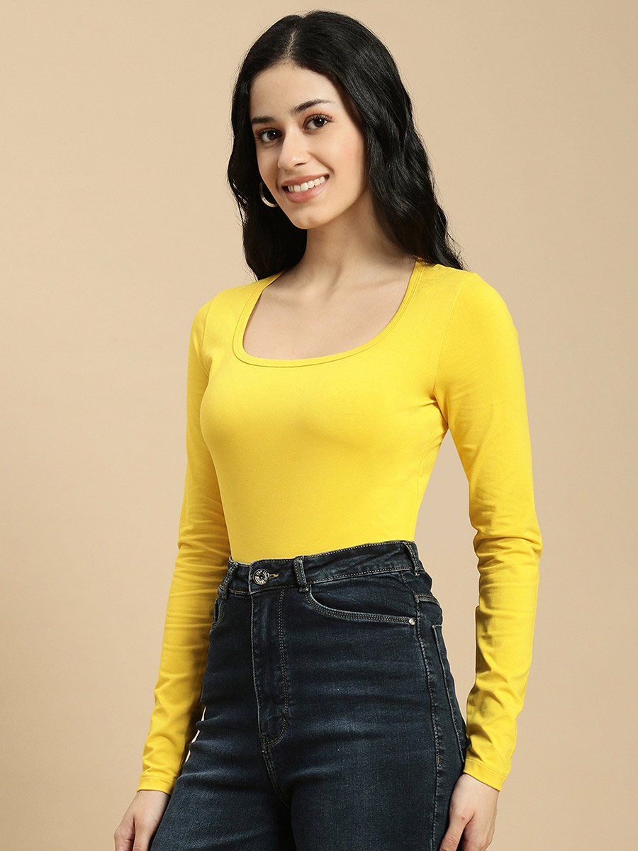 Mustard Solid Square Neck Long Sleeves Top