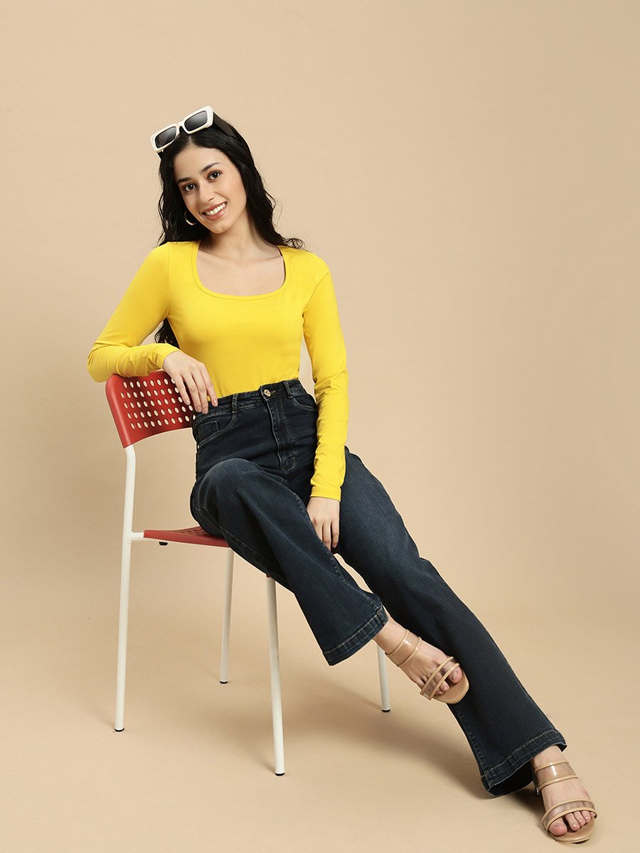 Mustard Solid Square Neck Long Sleeves Top