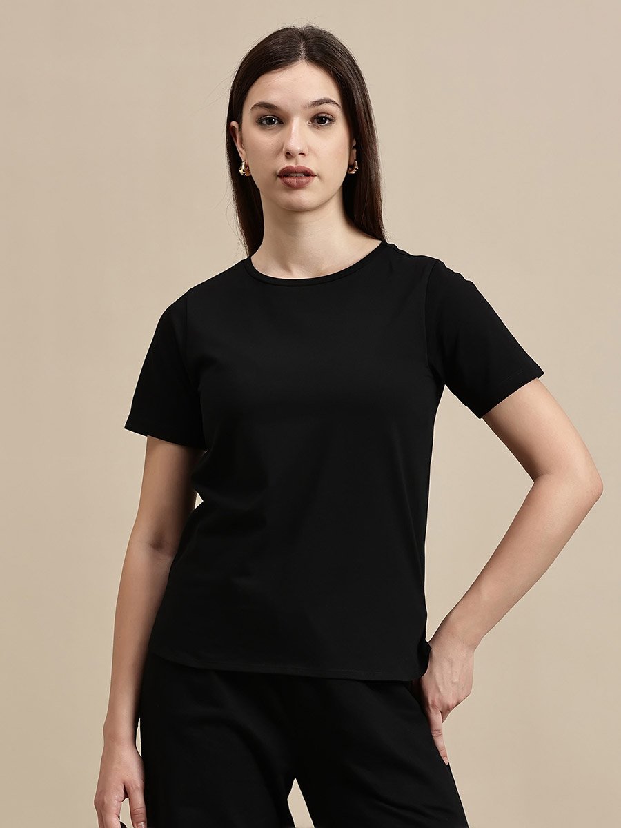 Black Solid Short Sleeves High Low Top