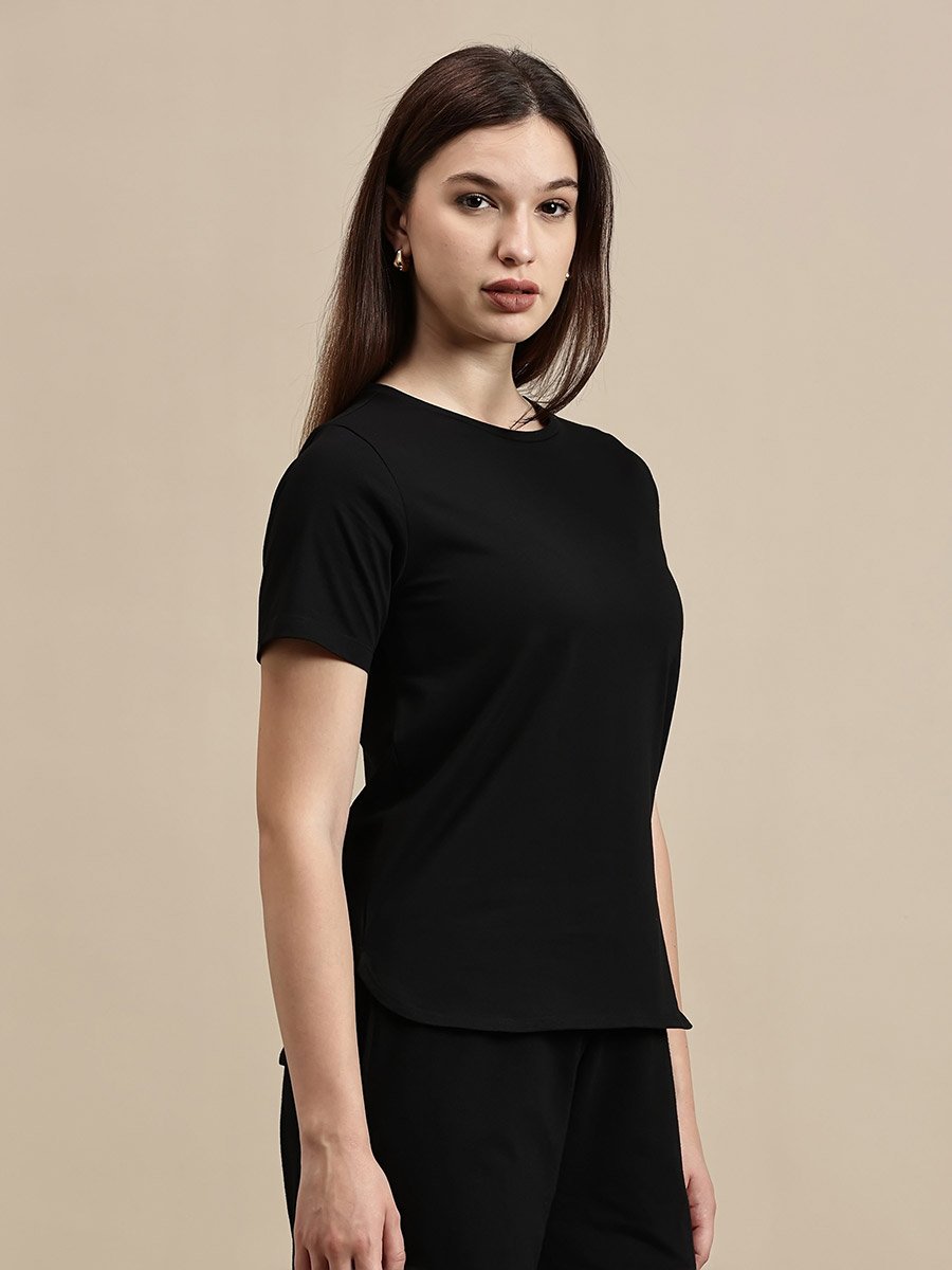 Black Solid Short Sleeves High Low Top