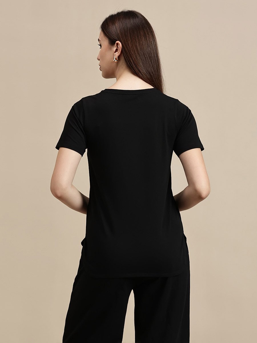 Black Solid Short Sleeves High Low Top