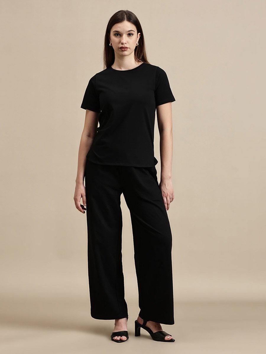 Black Solid Short Sleeves High Low Top