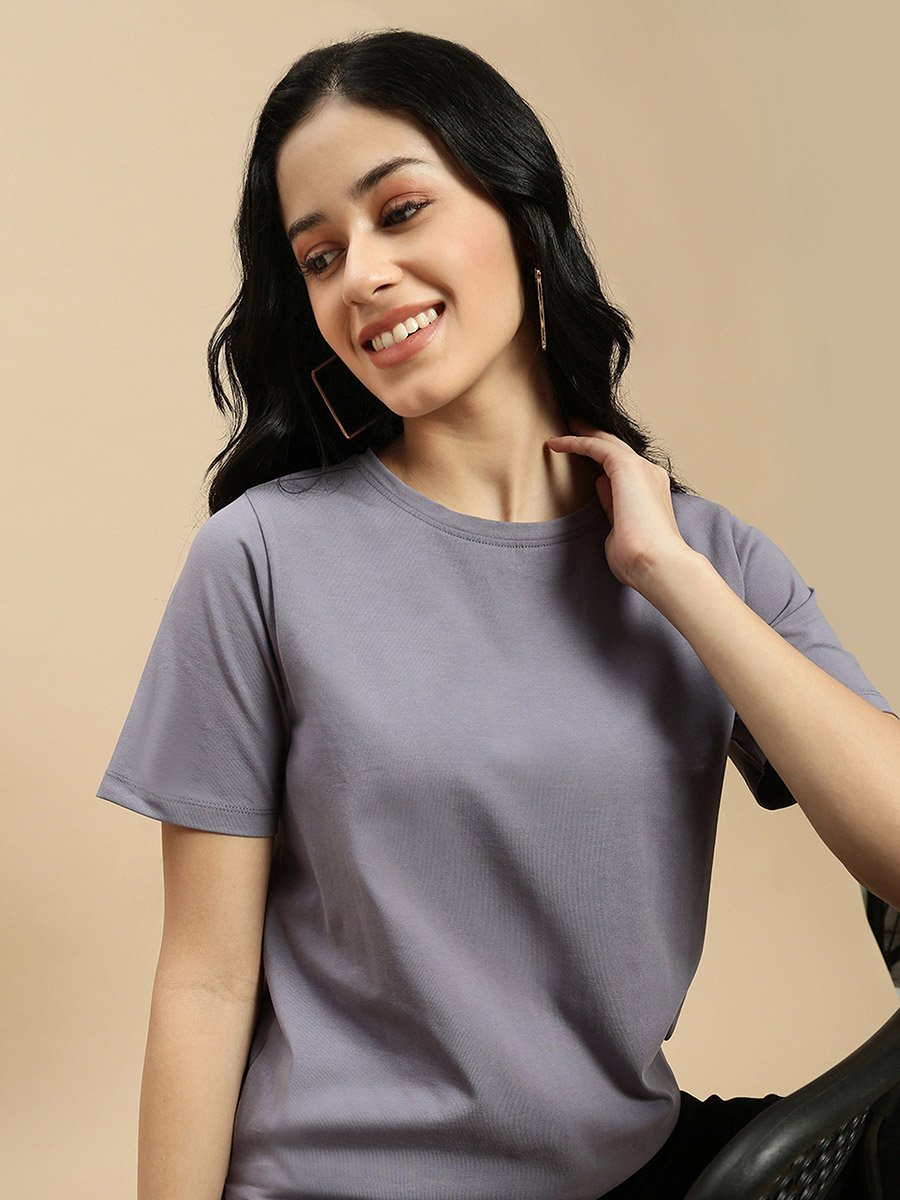 Grey Solid Short Sleeves High Low Top