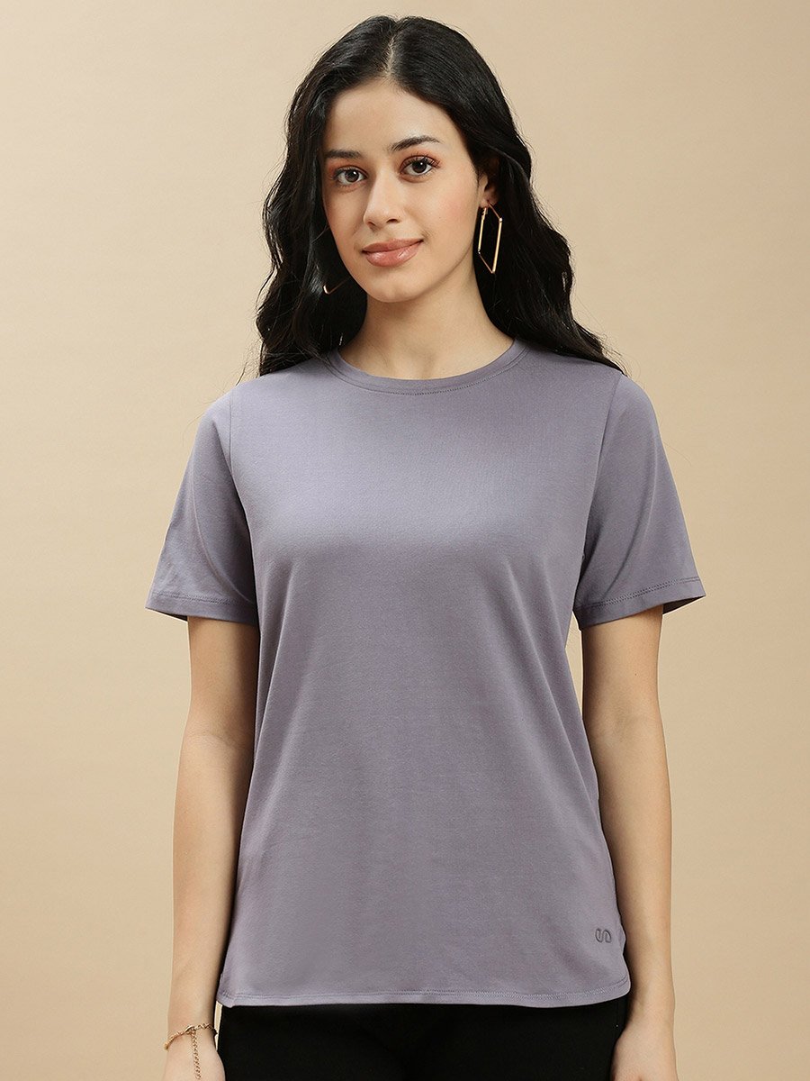 Grey Solid Short Sleeves High Low Top