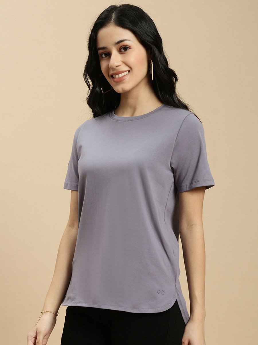 Grey Solid Short Sleeves High Low Top
