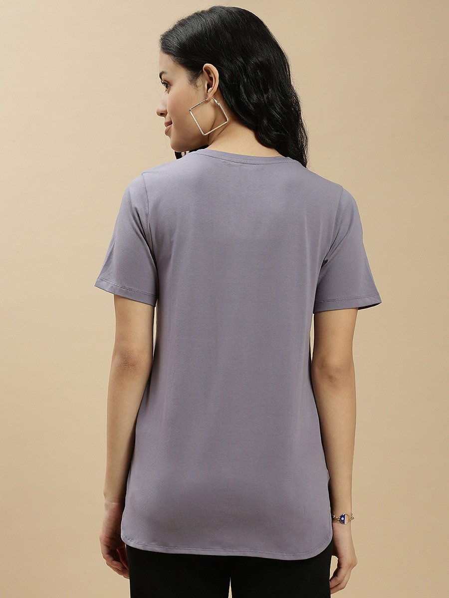 Grey Solid Short Sleeves High Low Top