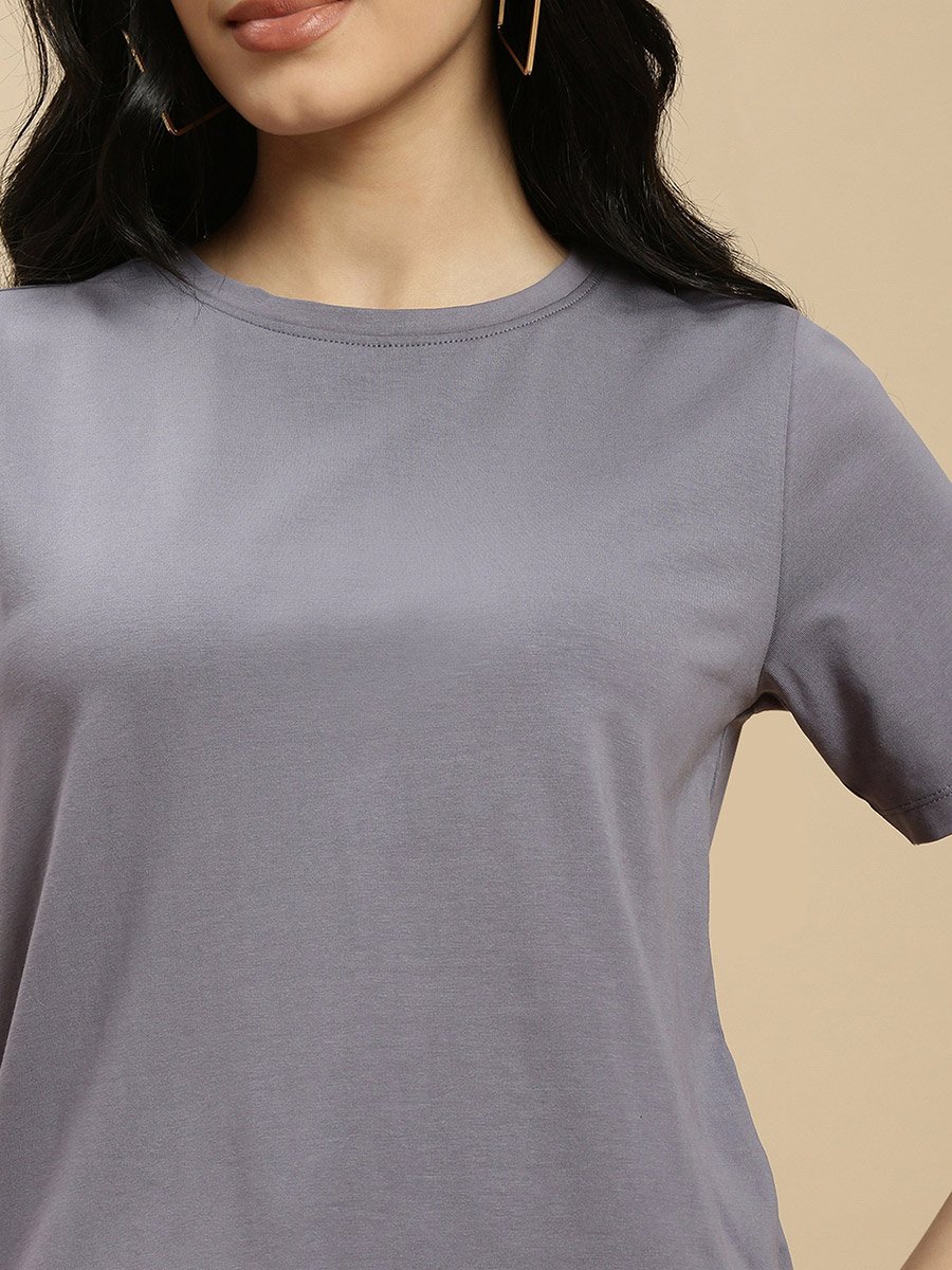 Grey Solid Short Sleeves High Low Top