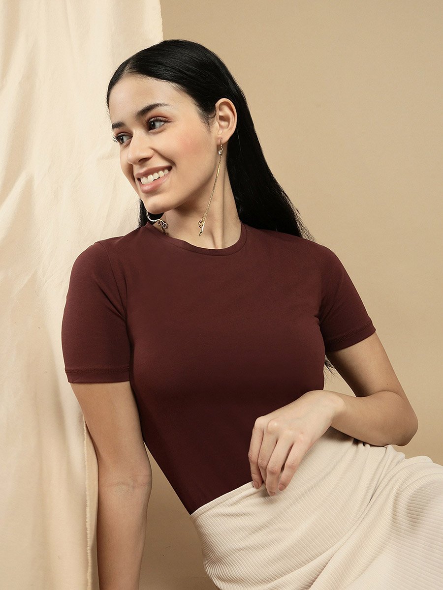 Brown Solid Short Sleeves Top