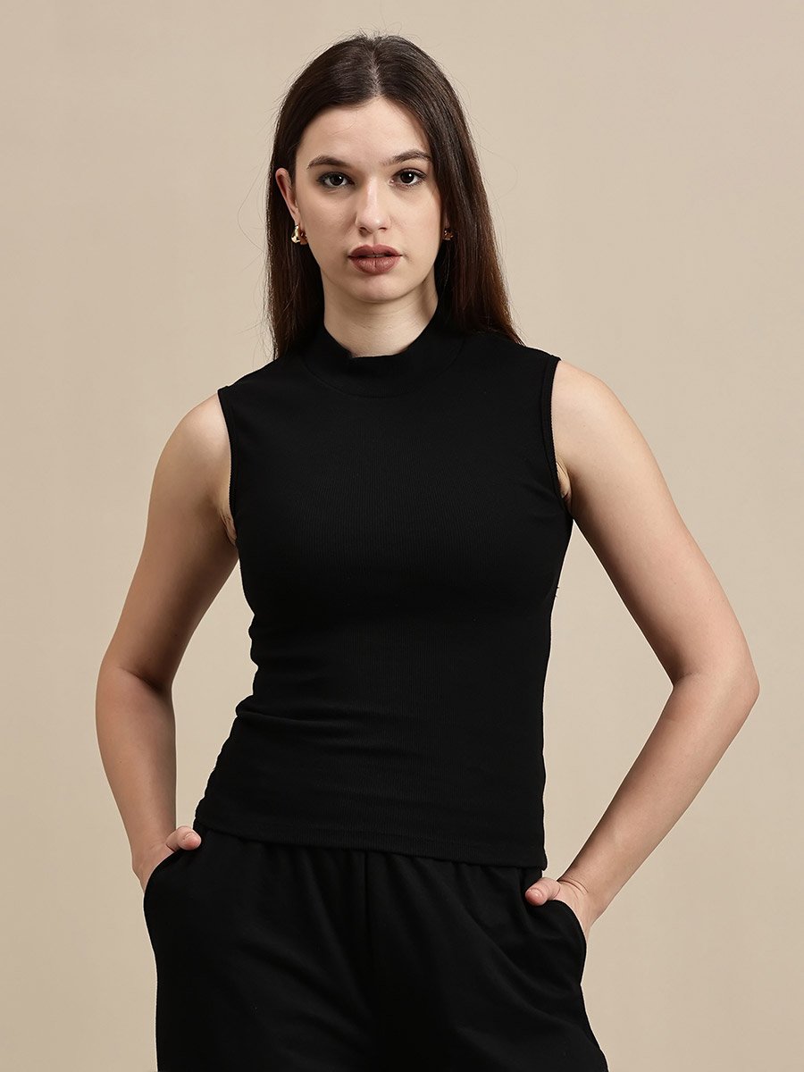 Black Solid High Neck Sleeveless Top