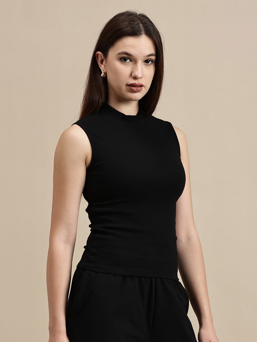 Black Solid High Neck Sleeveless Top