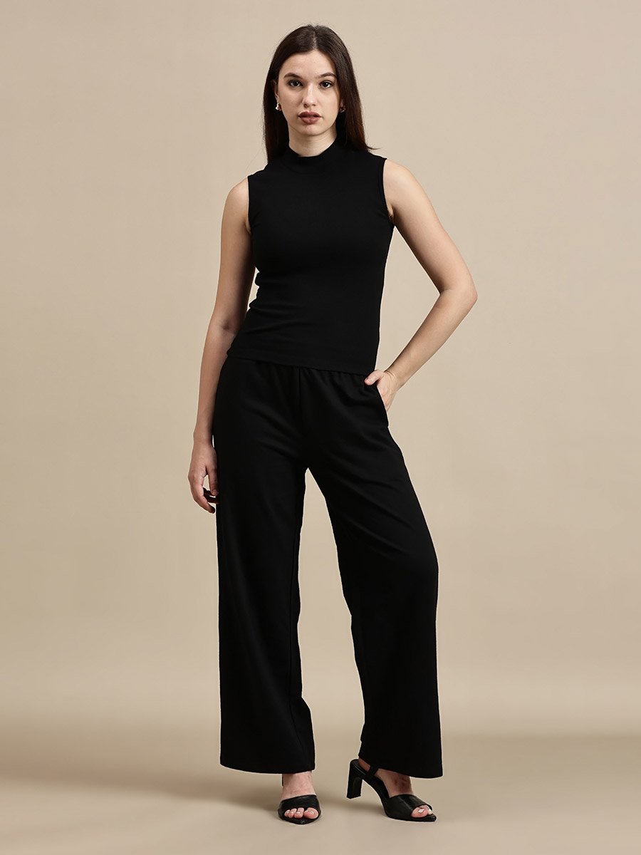Black Solid High Neck Sleeveless Top