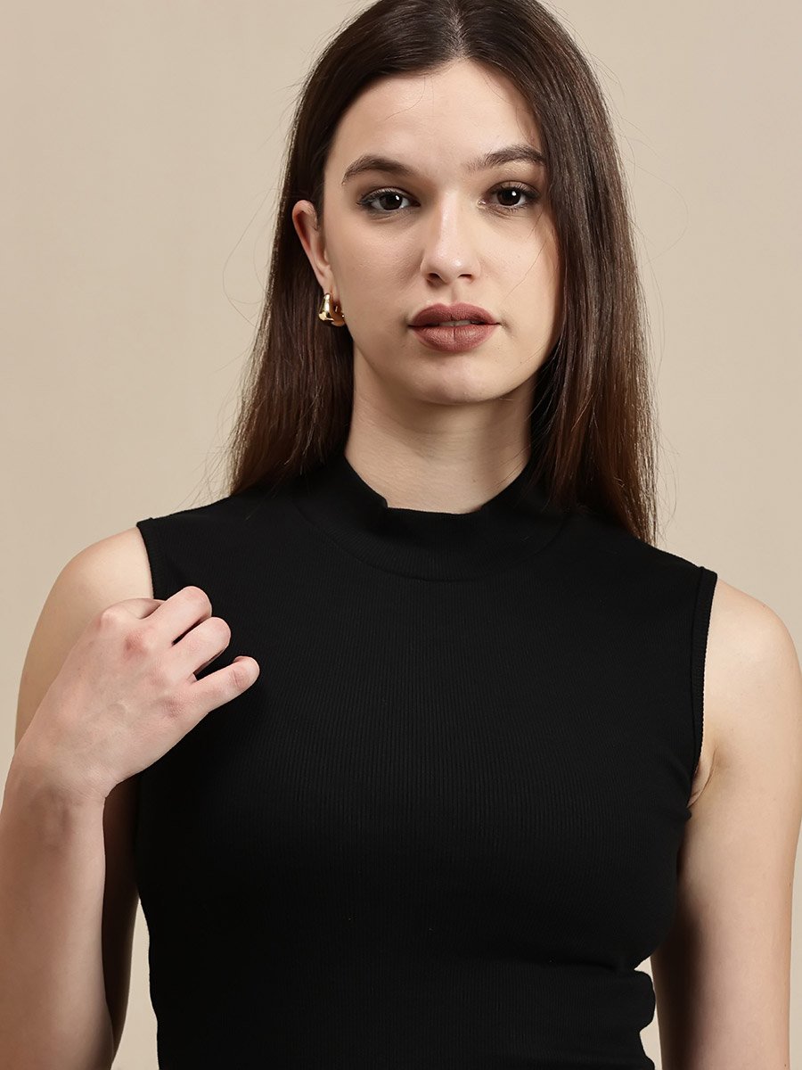 Black Solid High Neck Sleeveless Top