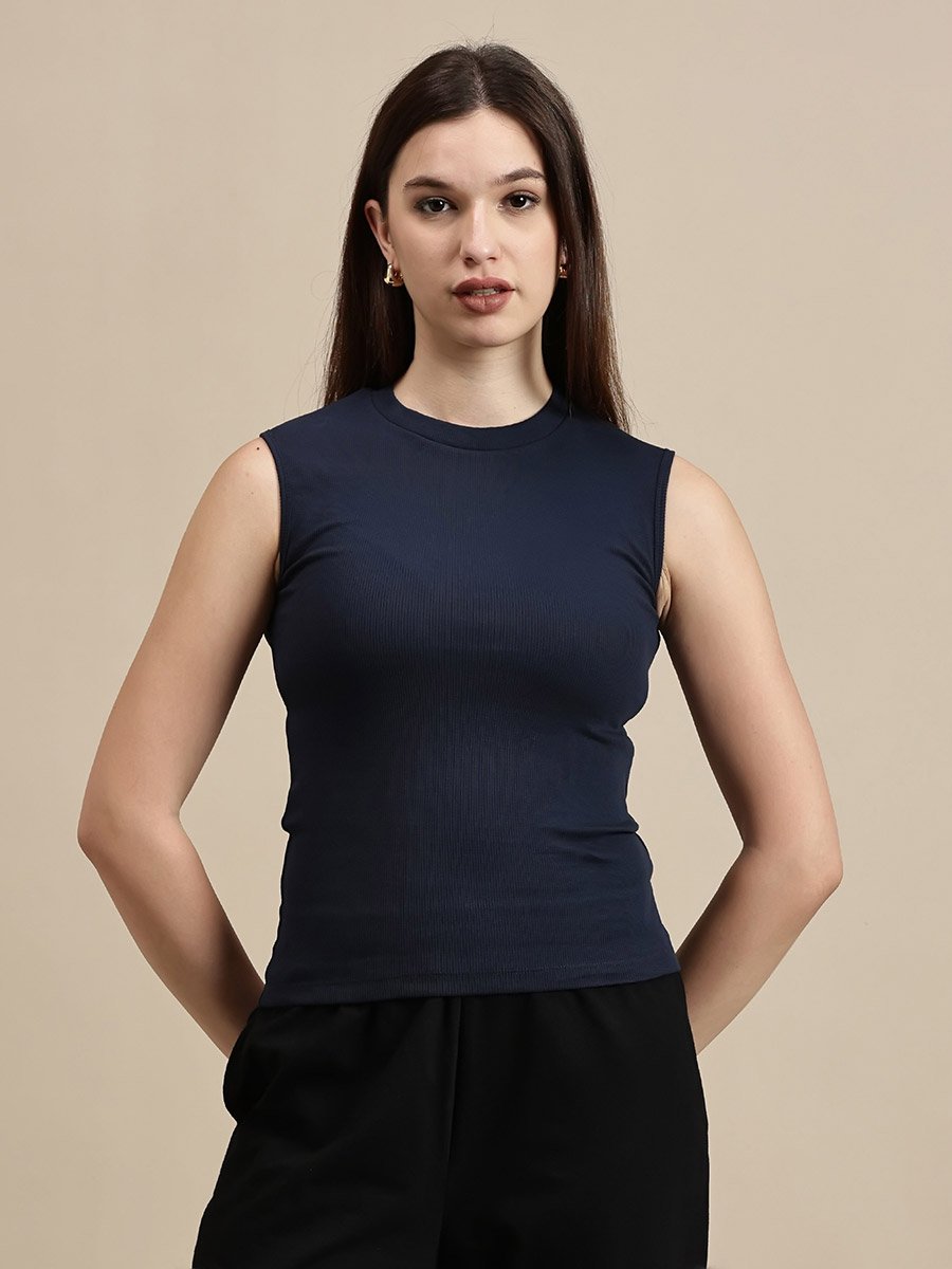 Navy Blue Ribbed Sleeveless Top