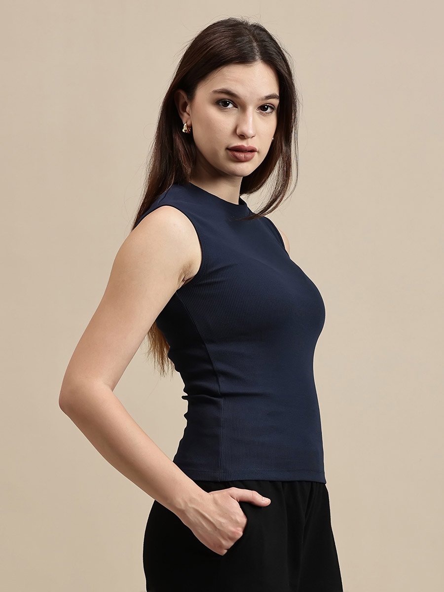 Navy Blue Ribbed Sleeveless Top