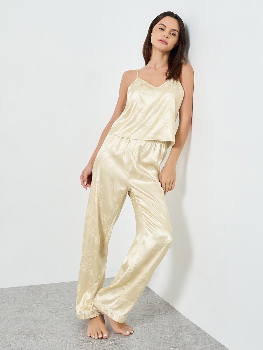 Beige Jacquard Satin Cami and Pyjama Set