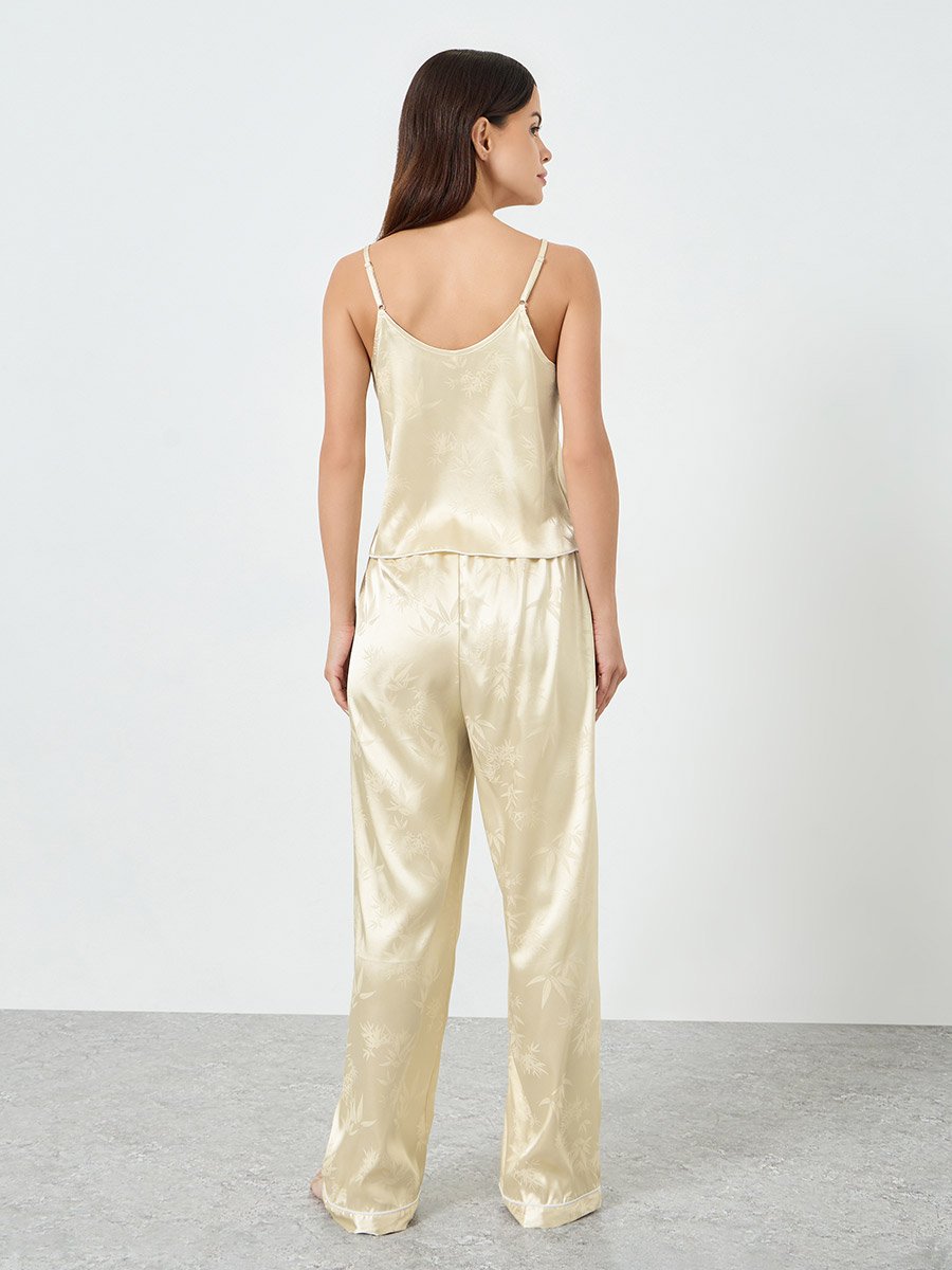 Beige Jacquard Satin Cami and Pyjama Set