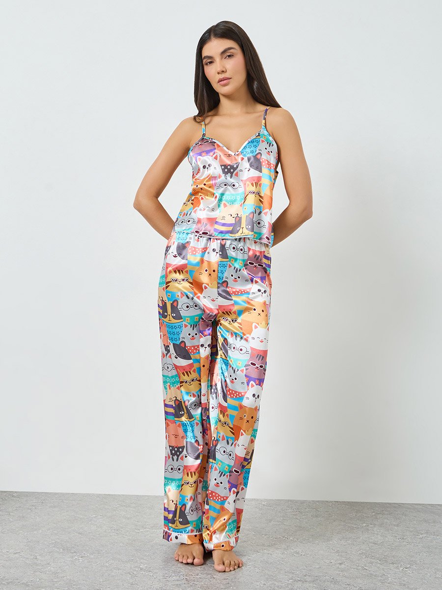 Cat Print Satin Cami Top and Pyjama Set