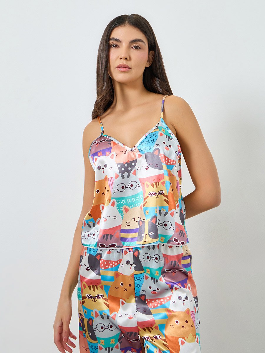 Cat Print Satin Cami Top and Pyjama Set