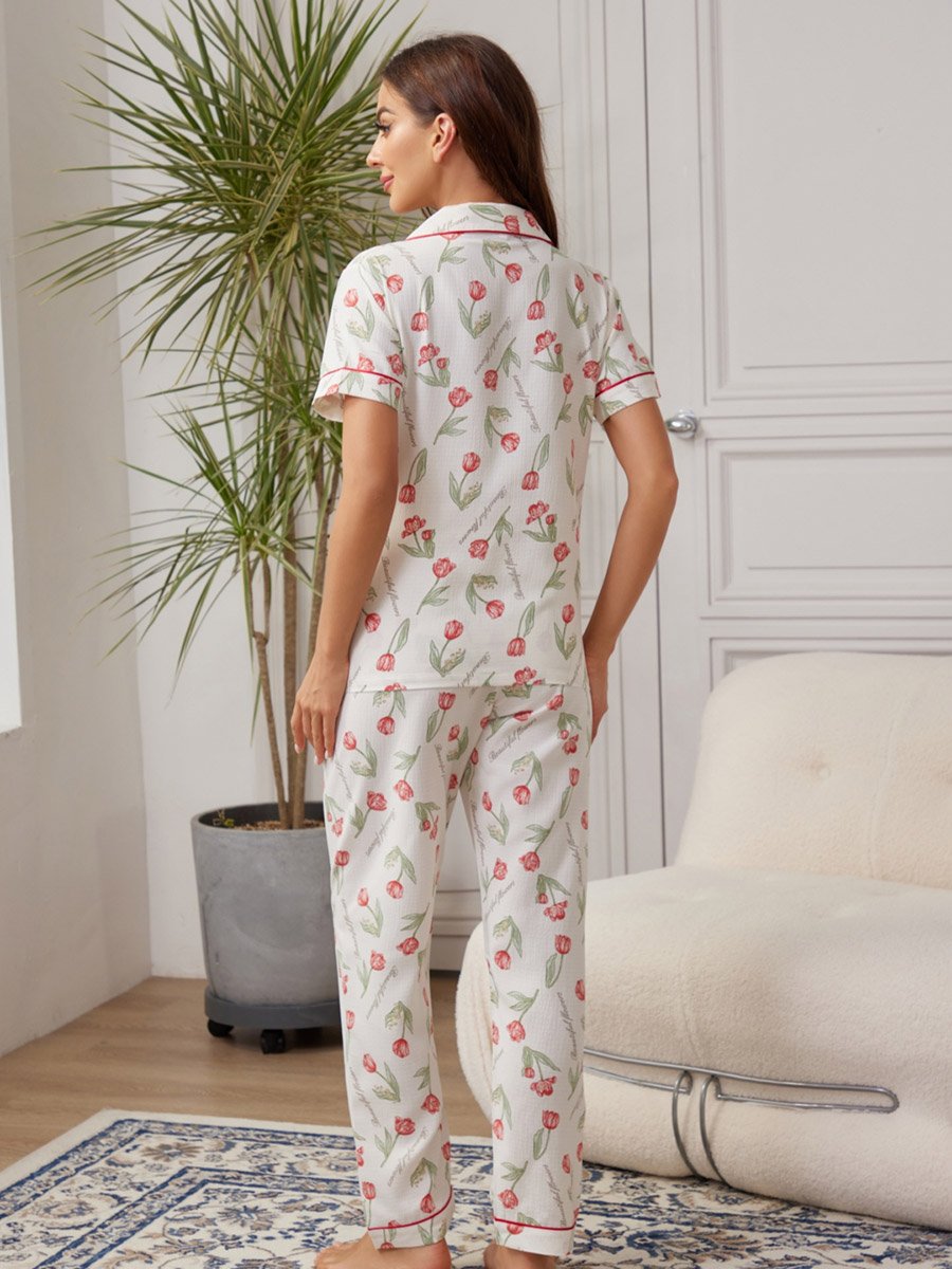 White Floral Print Short Sleeve Shirt and Pyjama Set