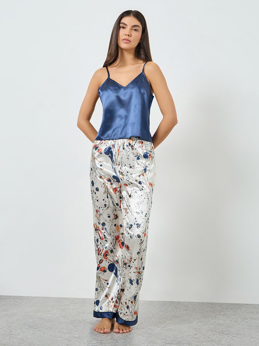 Navy Blue Satin Cami and Printed Pyjama Set